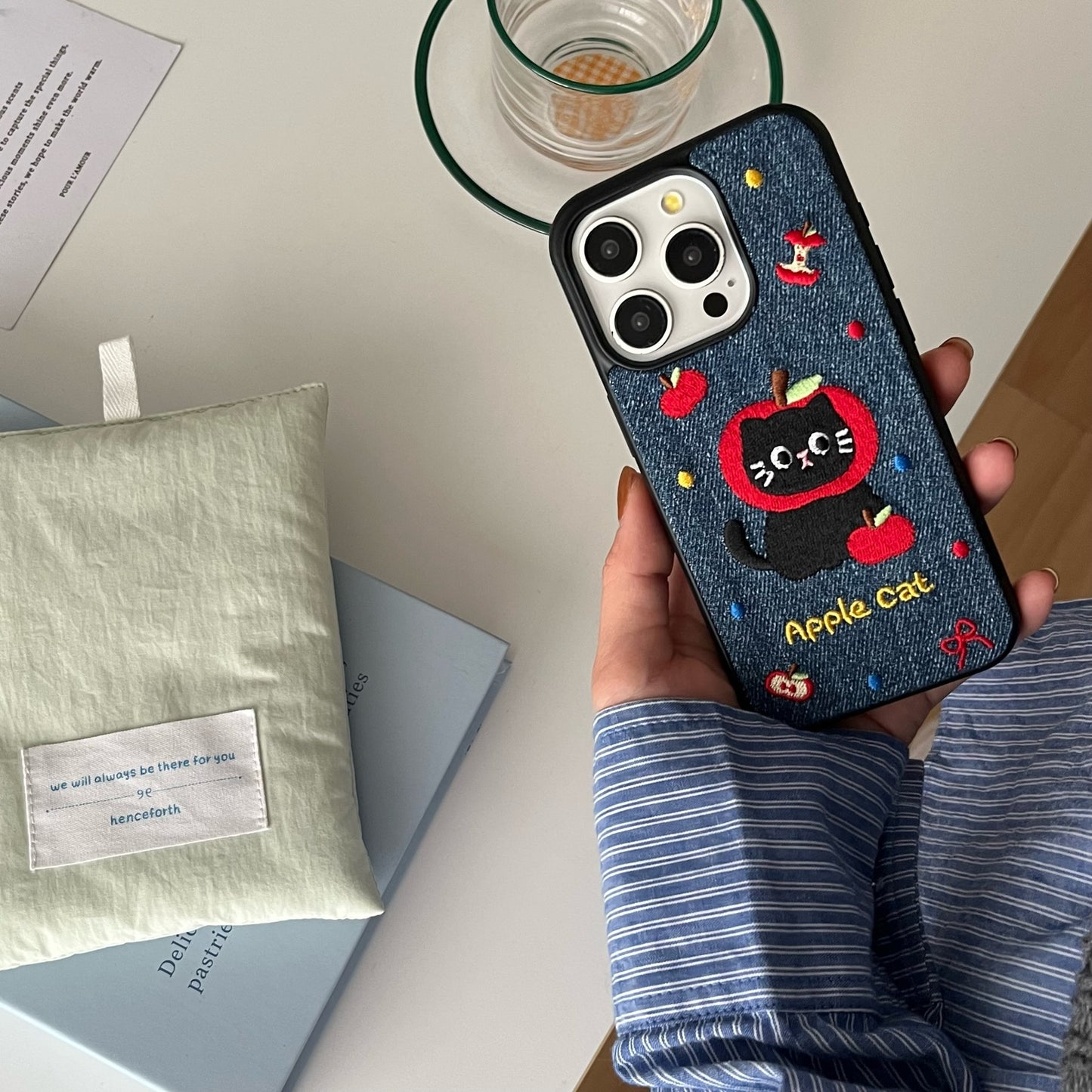 Denim Embroidered Cat Cartoon Phone Case